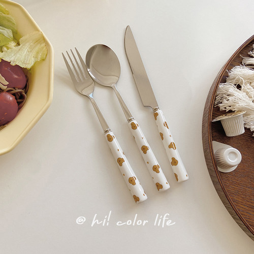 韩式少女心ins风爱心小熊304不锈钢陶瓷柄刀叉勺学生沙拉冰淇淋勺