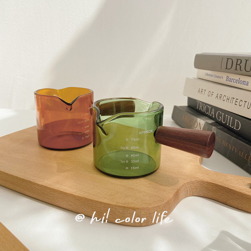 ins彩色玻璃小奶罐牛排调料汁刻度量杯牛奶壶木柄浓缩咖啡小奶盅,餐饮具,奶罐,淘宝优惠券,粉丝福利购,淘宝优惠卷