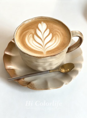 Hi兰德曼手捏纹咖啡杯碟套装礼品复古侘寂风高颜值陶瓷拉花咖啡杯