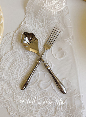 喝彩生活*ins贝壳头1810不锈钢刀叉勺复古水果叉甜品勺咖啡搅拌勺