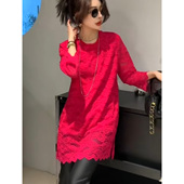 2026早春新款 大码 打底衫 中长款 遮肉显瘦纯色上衣 胖mm蕾丝镂空长袖