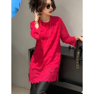 大码胖mm蕾丝镂空长袖中长款打底衫2026早春新款遮肉显瘦纯色上衣