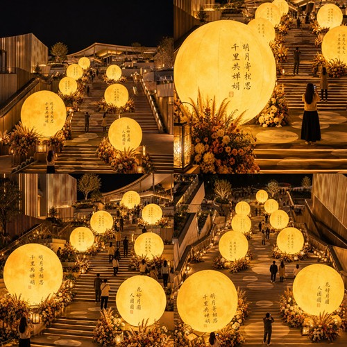 充气月球气模中秋节网红玉兔月兔抱月饼大型发光月亮美陈装饰气模