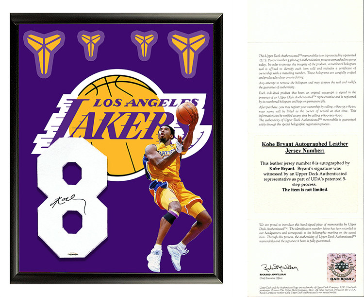 科比 布莱恩特亲笔签名 8号 皮革号码 裱框 含sa uda证书