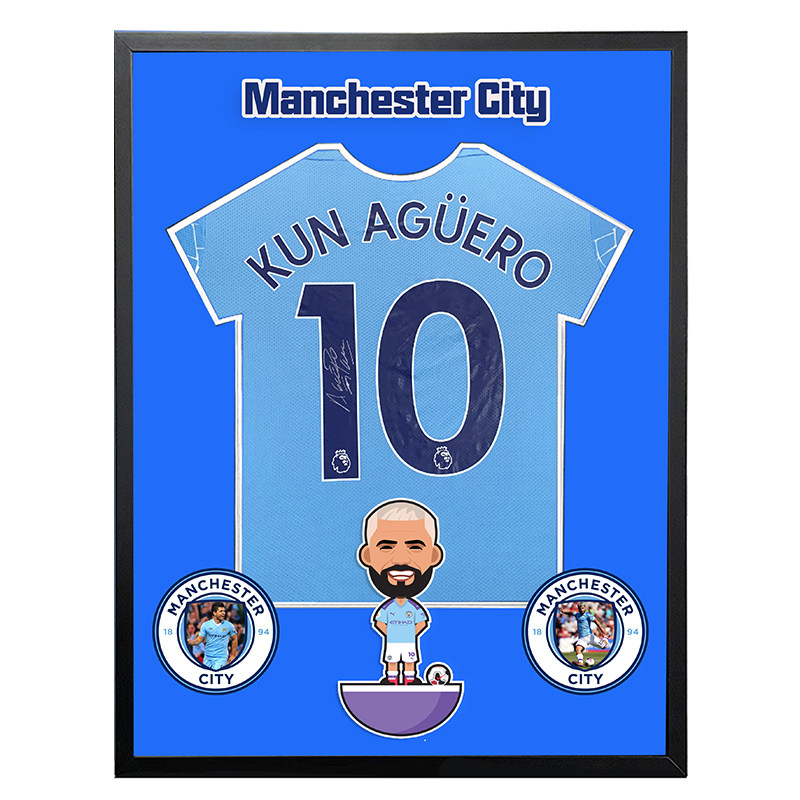 曼城时期 阿奎罗 kun 亲笔签名 足球服球衣 裱框含sa证书