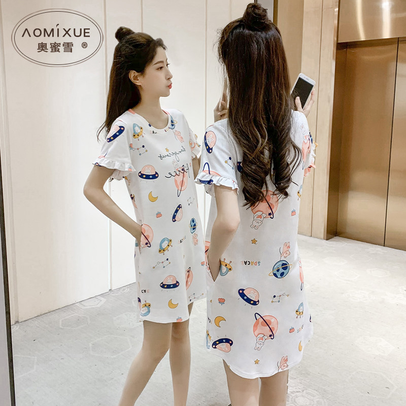 睡衣女夏季纯棉卡通薄款短袖睡裙女生夏天可爱大码套头韩版家居服