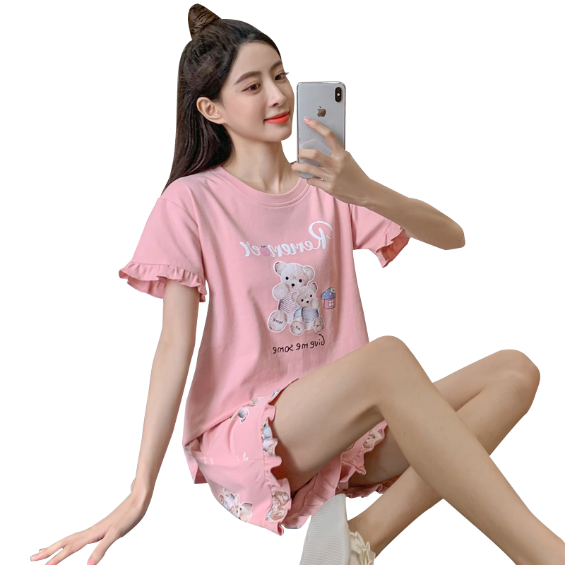 夏款睡衣纯棉女可爱卡通薄款居家服休闲套头短袖短裤夏套装可外穿