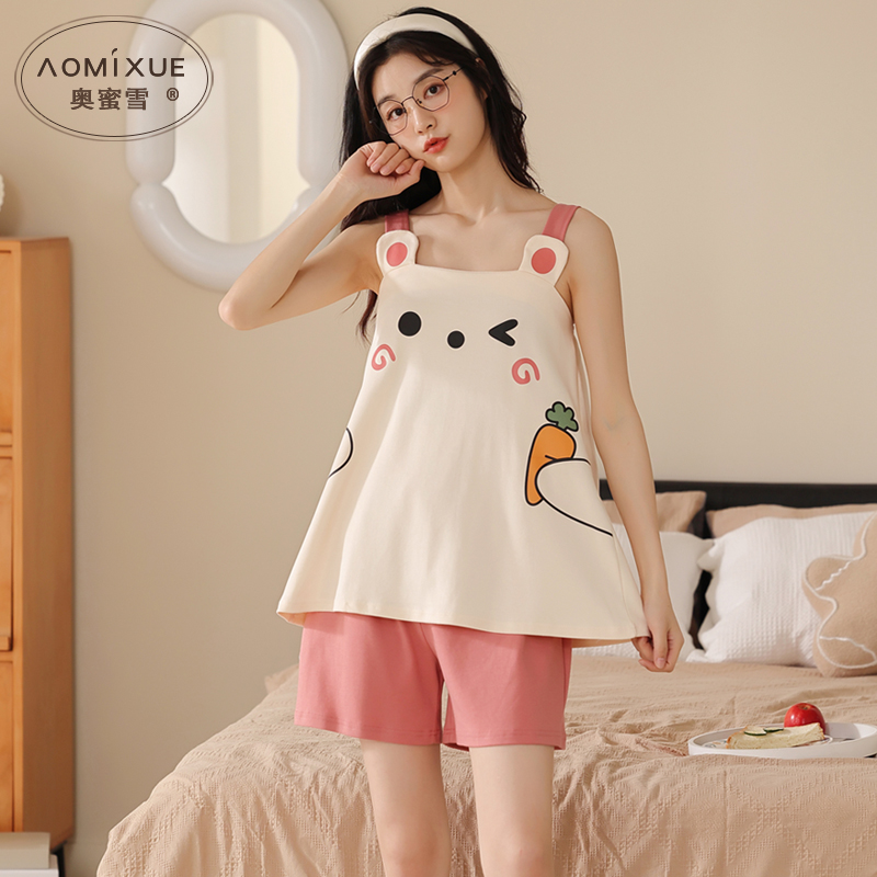 夏季纯棉吊带背心睡衣女2023年新款可爱甜美少女棉短裤家居服套装