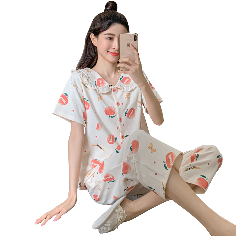 睡衣女夏季纯棉2024新款短袖七分裤开衫家居服可爱宽松薄款两件套
