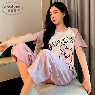 睡衣女款夏款纯棉可爱短袖七分裤套装2023年新款网红风圆领家居服