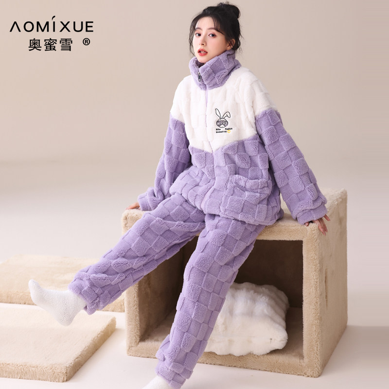 睡衣女秋冬季珊瑚绒加厚加绒休闲减龄慵懒风家居服冬天可外穿套装