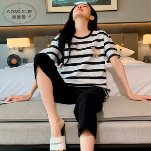 睡衣女夏天纯棉卡通短袖七分裤套装2023年新款薄款条纹简约家居服