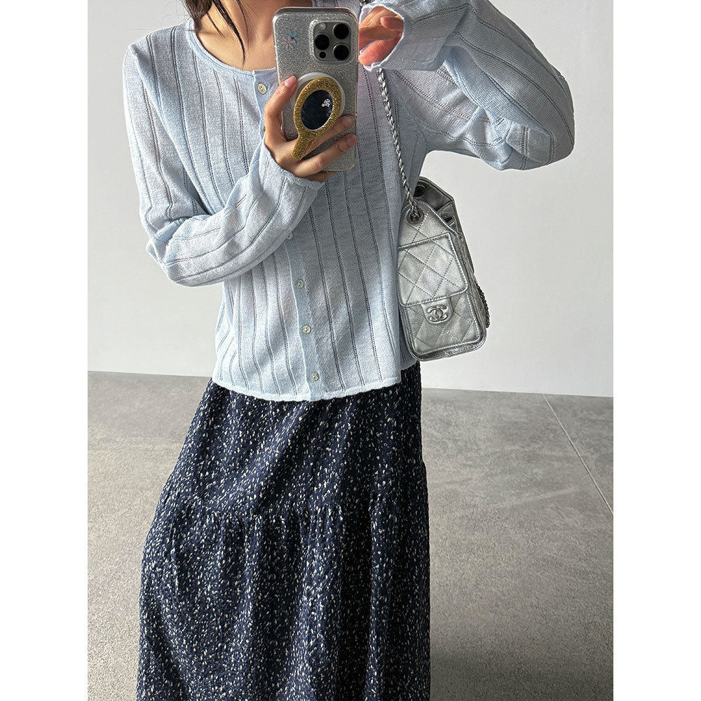 新款黄色圆领长袖针织开衫女26春夏轻薄冰丝防晒外披毛衣蓝色上衣