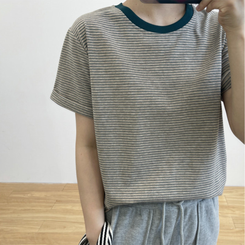 撞色细条纹t恤女夏装百搭宽松显瘦减龄短袖女装打底2023半袖上衣