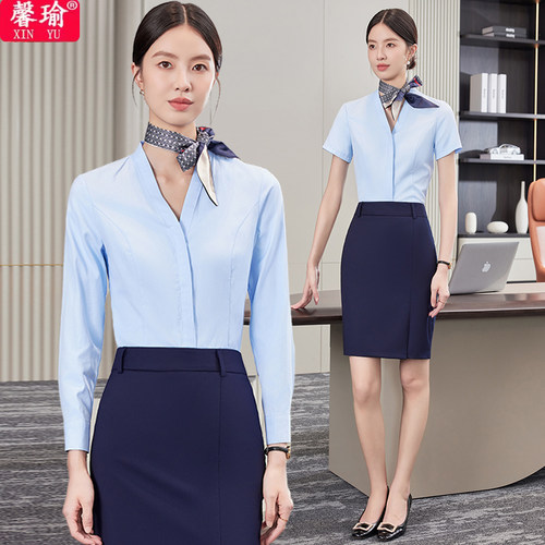 职业衬衫女南航空姐制服空乘客服面试工作服长袖v领衬衣工装套装