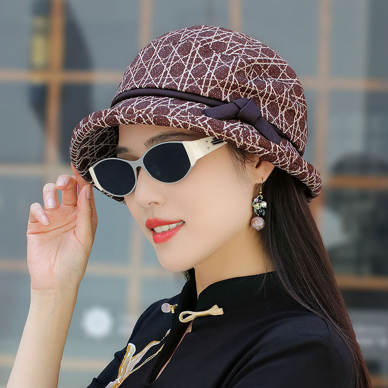秋上新格纹卷边蝴蝶结盆帽可折叠渔夫帽显脸小时装帽中老年妈妈帽