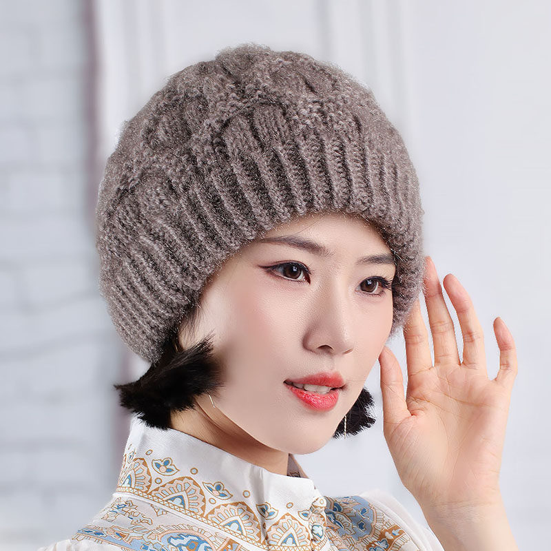 秋冬天加绒保暖女士毛线帽子柔软松鼠绒护耳防寒翻边手工针织帽潮
