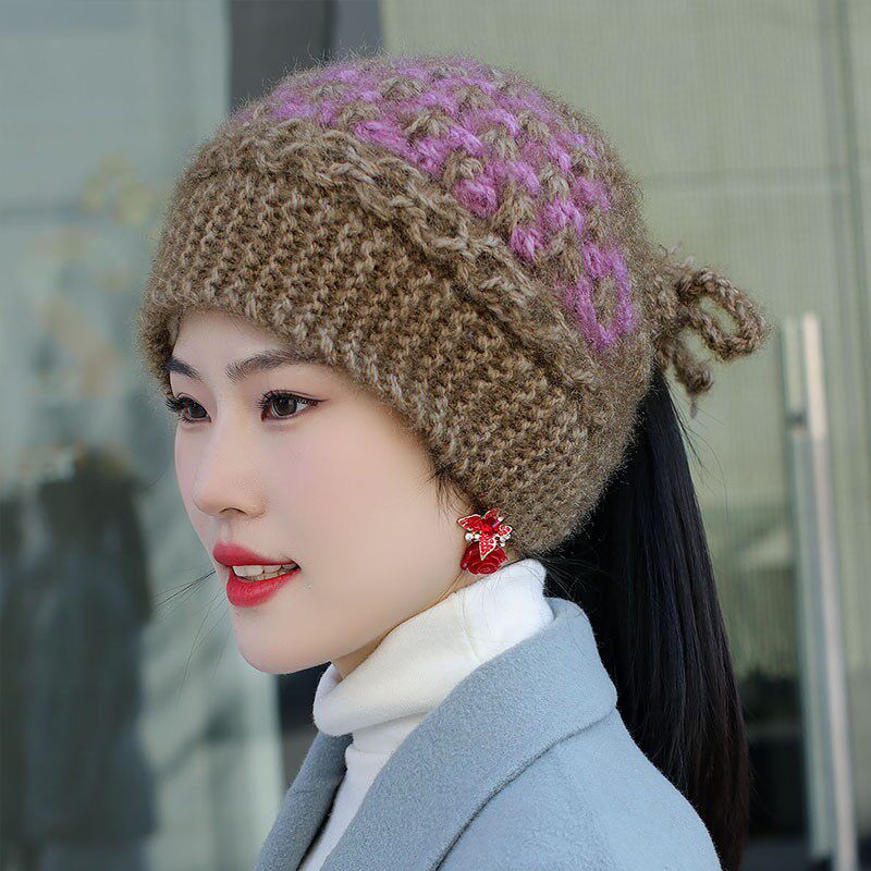 女士秋冬天加绒护耳保暖毛线帽手工针织贝雷帽时尚条纹菠萝帽大码