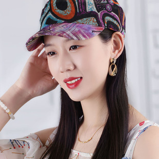 春秋女版民族风印花平顶鸭舌帽户外棒球帽中老年妈妈帽防晒帽布帽