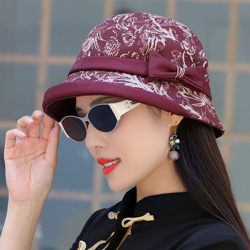 秋季上新印花翻边圆平顶盆帽显脸小中老年妈妈时装帽可折叠布帽女