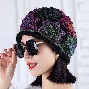 女士秋冬手工立体钩花毛线帽镂空羊毛针织帽民族风炫彩护耳包头帽