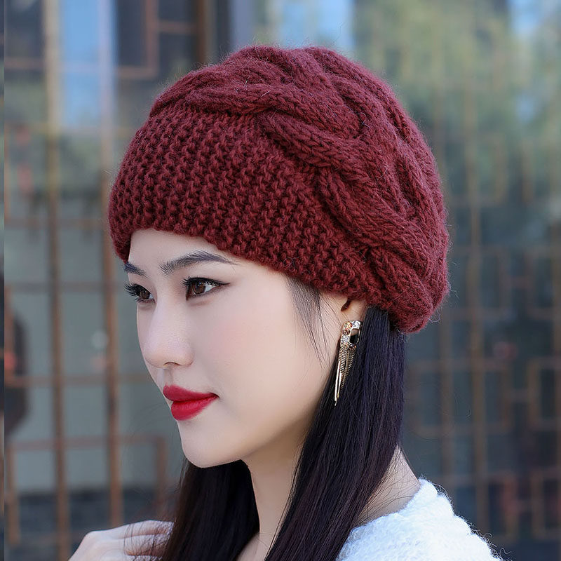 女士冬天保暖帽子加绒加厚羊毛毛线帽洋气纯色麻花花纹手工针织帽
