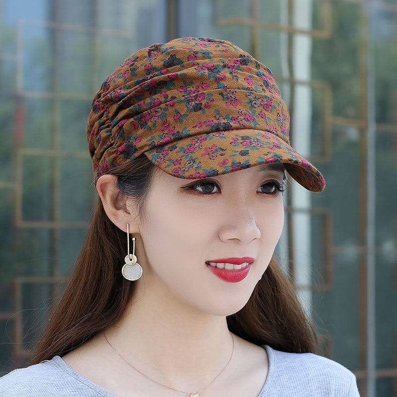 秋季女士韩版潮流鸭舌帽休闲田园碎花平顶帽时尚褶皱弯檐妈妈布帽
