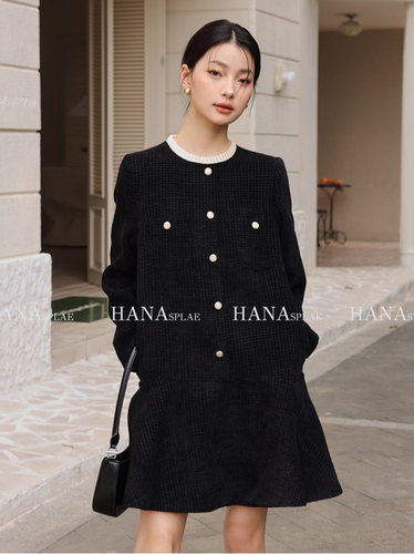 HANA 春季法式小香风连衣裙木耳边通勤时尚A字裙女
