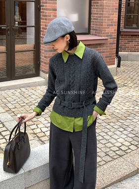 SUNSHINE 冬季羊毛混纺秋冬松弛感精致绞花针织衫上衣女两件套