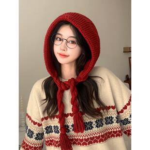 2025新款针织毛线小红帽女秋冬麻花辫子护耳包头保暖雷锋帽子红色