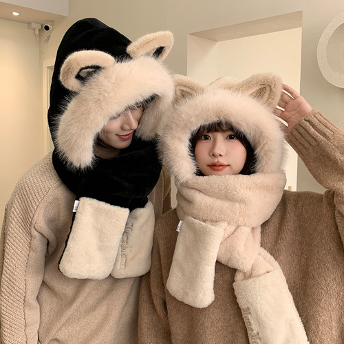 【可爱狐狸耳朵】帽子围巾一体女