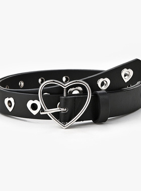 美式全孔爱心扣皮带女款辣妹黑色腰带装饰细裤带设计感小众夏季