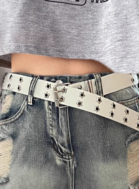 美式宽腰带女星星多孔2023新款裤带牛仔裤设计感小众y2k皮带白色