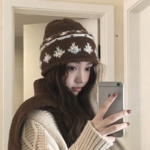 韩系含羊毛提花卷边费尔岛针织帽女秋冬2025新款保暖毛线冷帽棕咖