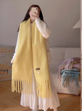 纯色围巾女冬季宽大披肩韩版秋冬长围脖女生加厚毛绒高级感鹅黄色