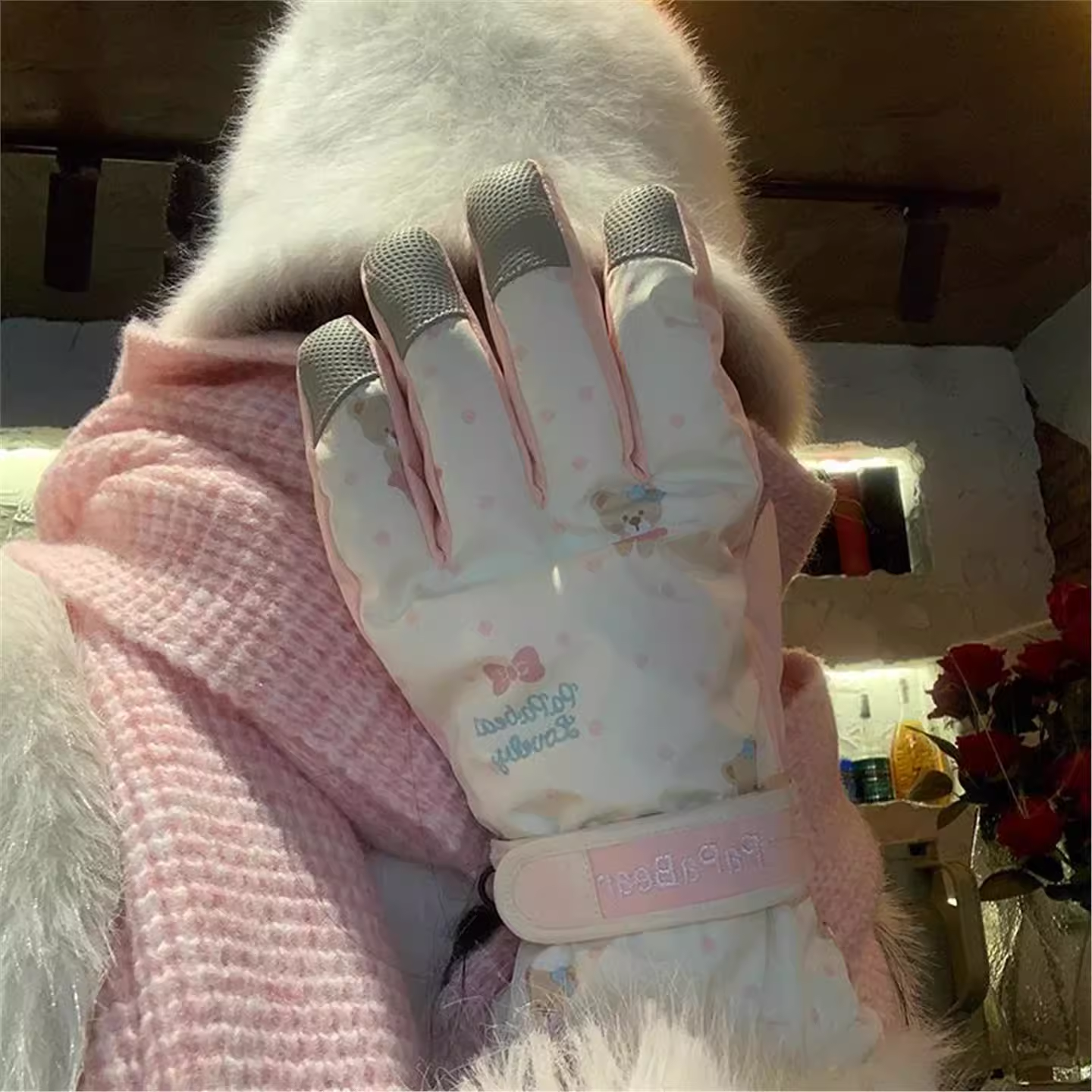 可爱小熊滑雪手套女冬季