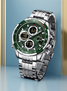 Naviforce领翔手表男士不锈钢带LED多功能运动夜光石英电子表9197