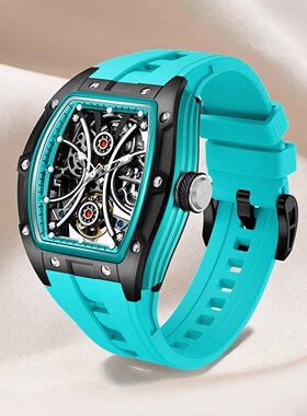 查尔仕CHANCE男时尚硅胶带全自动机械齿轮镂空防水夜光酒桶型手表