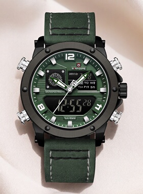 Naviforce领翔男士复古皮带多功能户外钓鱼双显计时夜光石英手表