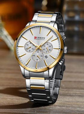 CURREN卡瑞恩男士简约商务多功能三眼秒表计时夜光防水石英手表