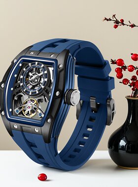 查尔仕CHANCE男士时尚运动陀飞轮镂空酒桶形全自动机械手表防水