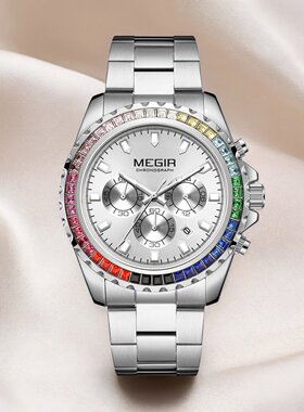 MEGIR美格尔男钢带商务奢华镶钻彩虹圈防水夜光日历石英手表2227