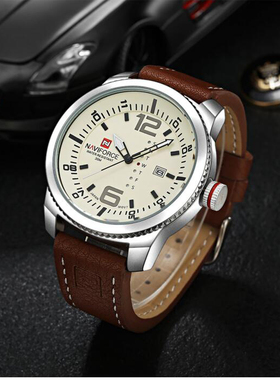 Naviforce领翔手表美国海作战腕表双日历石英表防水真皮潮人男