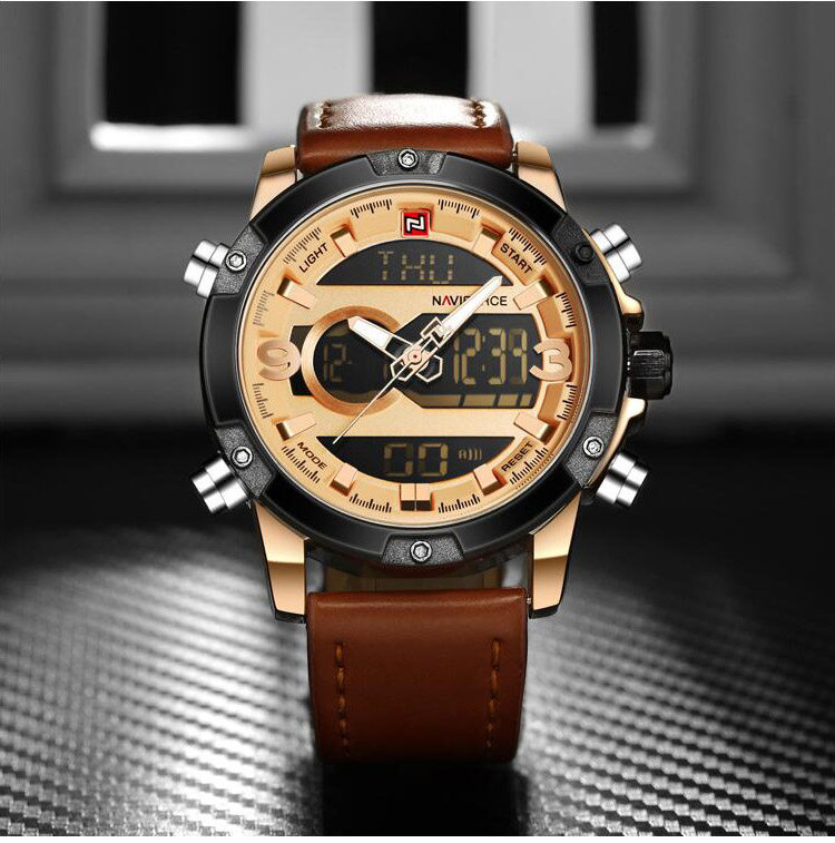naviforce领翔手表男双显多功能电子表夜视led石英表突击表9097