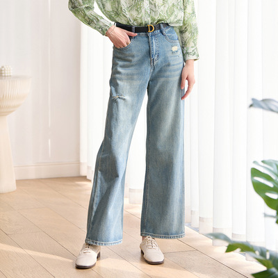 25秋新款天丝棉直筒牛仔裤高腰破洞垂感阔腿休闲牛仔裤女15318