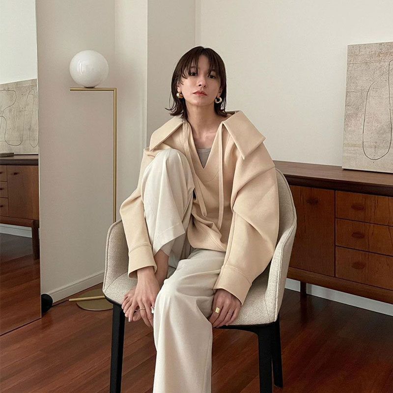 2025秋季CLANE松本惠奈海军大翻领休闲卫衣宽松气质百搭上衣女