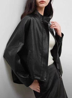 2025秋季酷飒机车风黑色立领皮衣休闲宽松环保皮夹克短外套25578