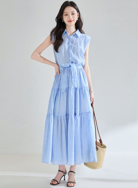 25夏季法式气质蓝白条纹系带收腰立体宽肩假两件衬衫连衣裙25317