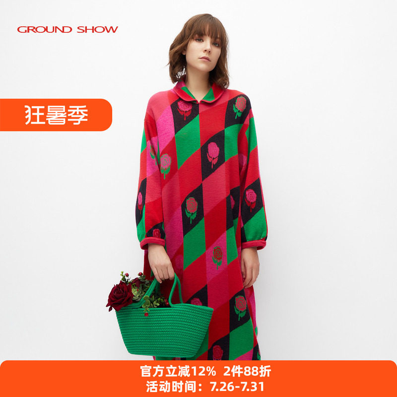 阁兰秀红色玫瑰提花连衣裙