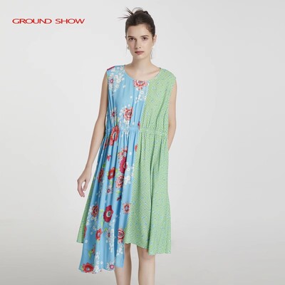 Ground Show/阁兰秀蓝绿拼接印花连衣裙无袖不对称中长裙2025夏